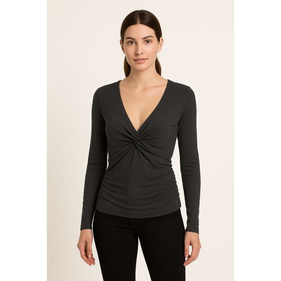 FRAME Charcoal Draped Twist Front Top Ruched Modal Long Sleeve Blouse Sz S NWT - Picture 1 of 14